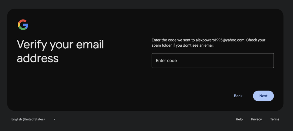 Verify your email address with code form field. 